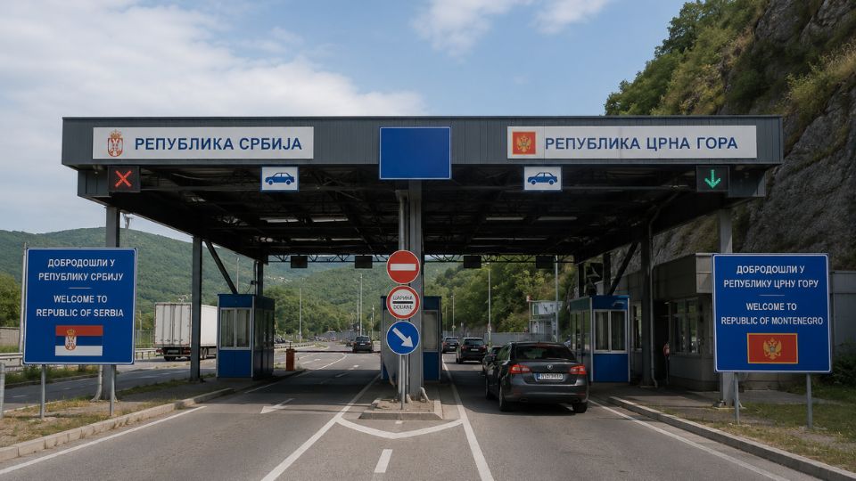 Granični prelaz između Srbije i Crne Gore sa automobilima i kontrolnim kućicama.